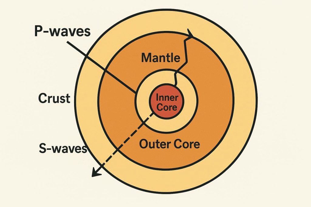 Educational diagram showing P waves and S waves traveling through Earth’s layers
